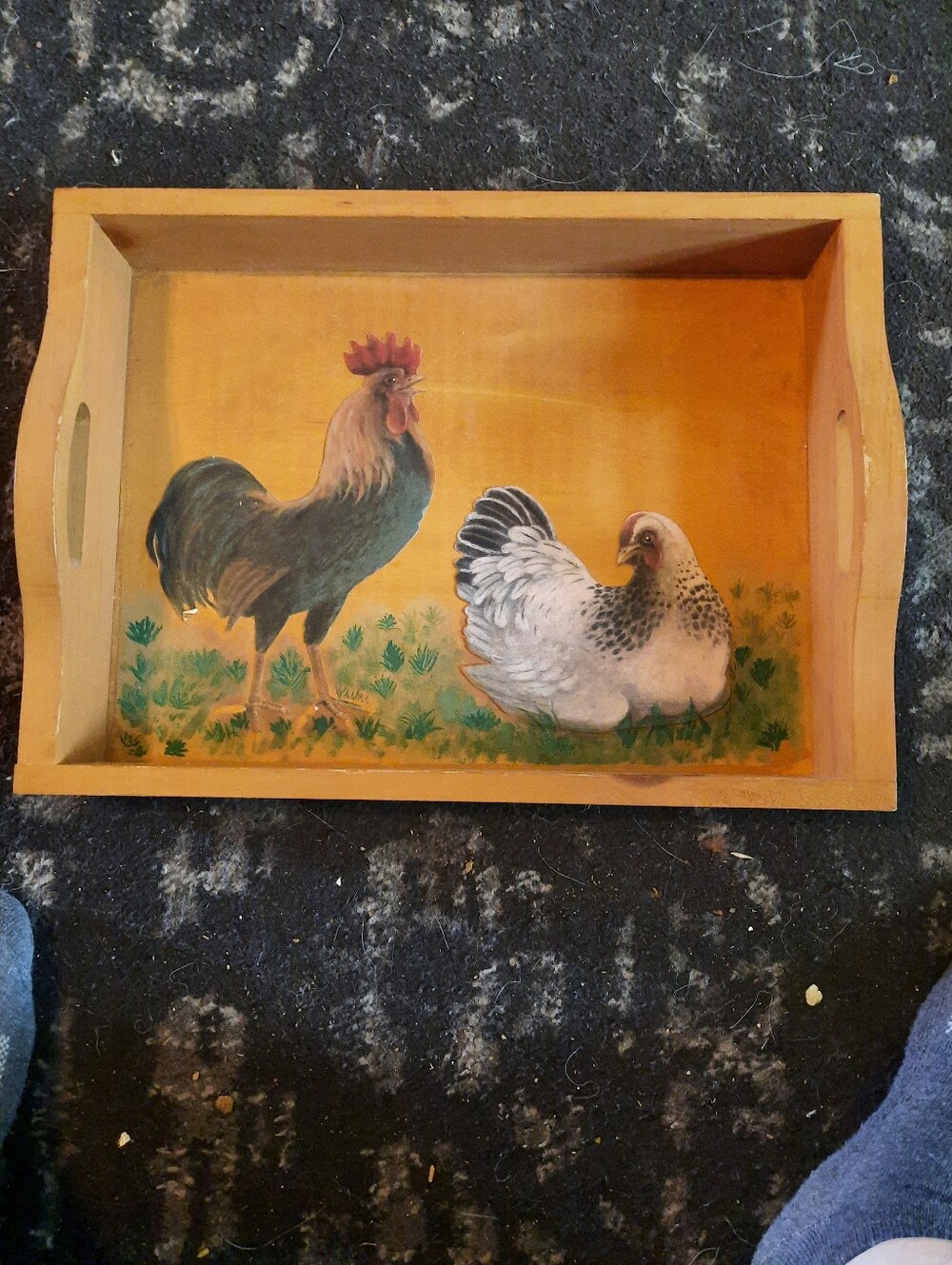 Hand-Painted Rooster & Hen Wooden Serving Tray - Yellow/Orange